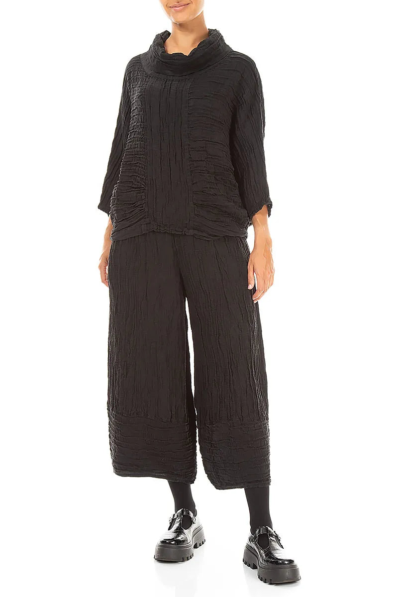 Cowl Neck Crinkled Black Silk Linen Blouse 4