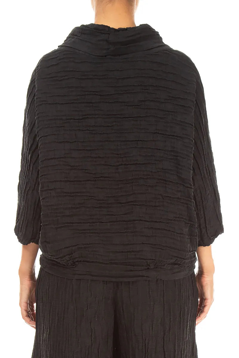 Cowl Neck Crinkled Black Silk Linen Blouse 2