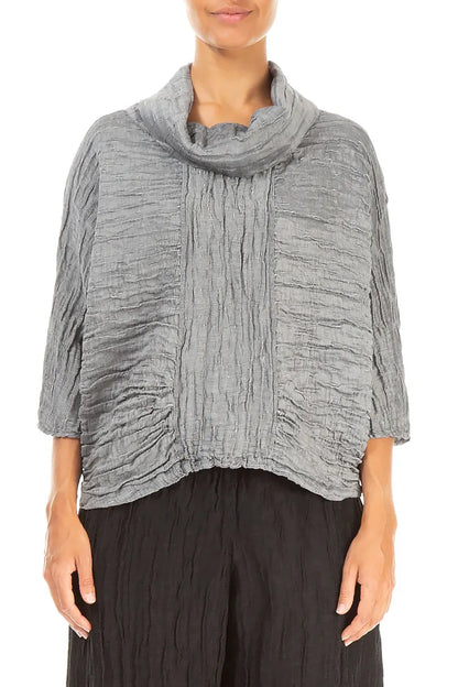 Cowl Neck Crinkled Black Silver Silk Blouse 1