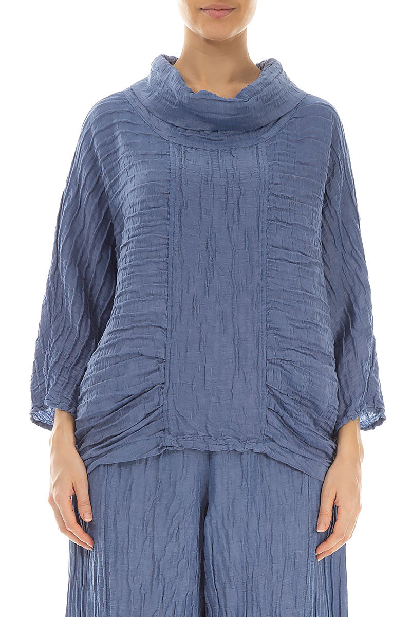 Cowl Neck Crinkled Blue Nova Silk Blouse 1