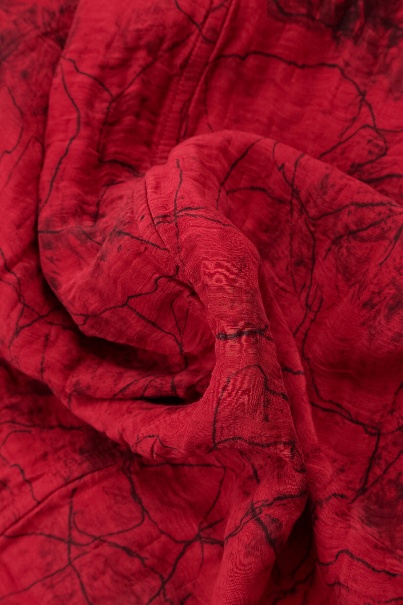 Cowl Neck Crinkled Cherry Red Marble Silk Blouse