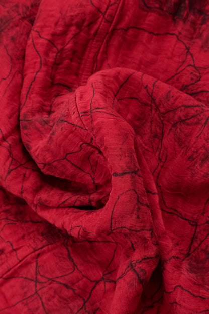 Cowl Neck Crinkled Cherry Red Marble Silk Blouse