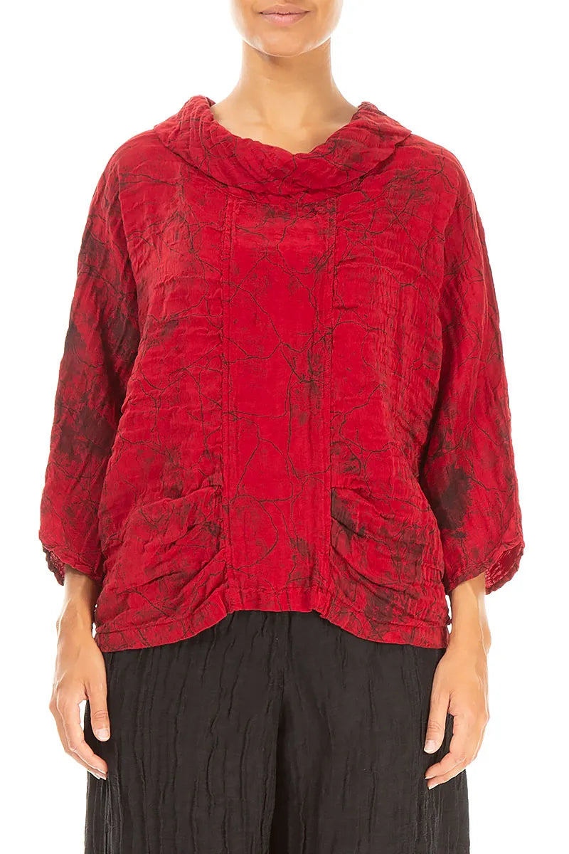 Cowl Neck Crinkled Cherry Red Marble Silk Blouse