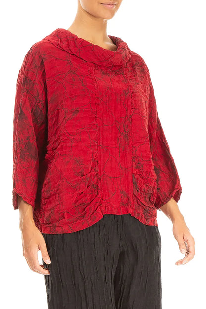 Cowl Neck Crinkled Cherry Red Marble Silk Blouse