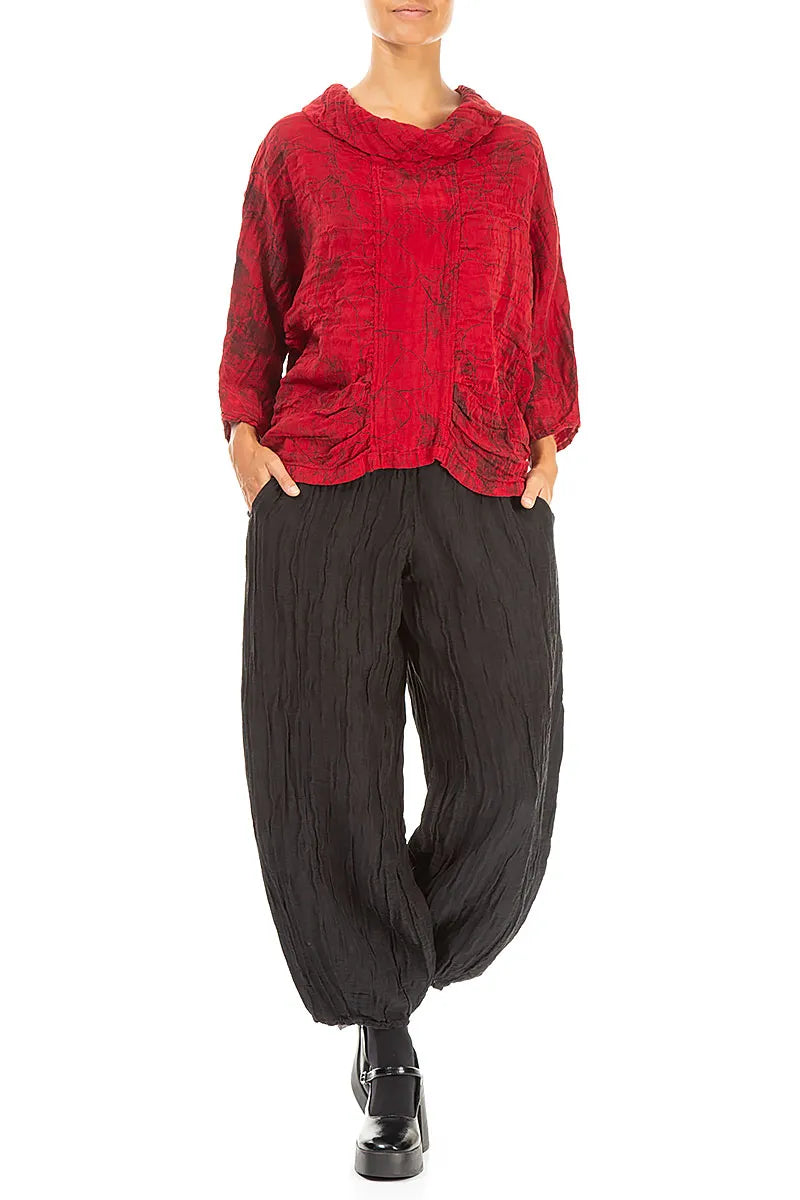 Cowl Neck Crinkled Cherry Red Marble Silk Blouse