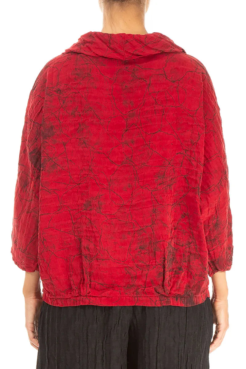 Cowl Neck Crinkled Cherry Red Marble Silk Blouse