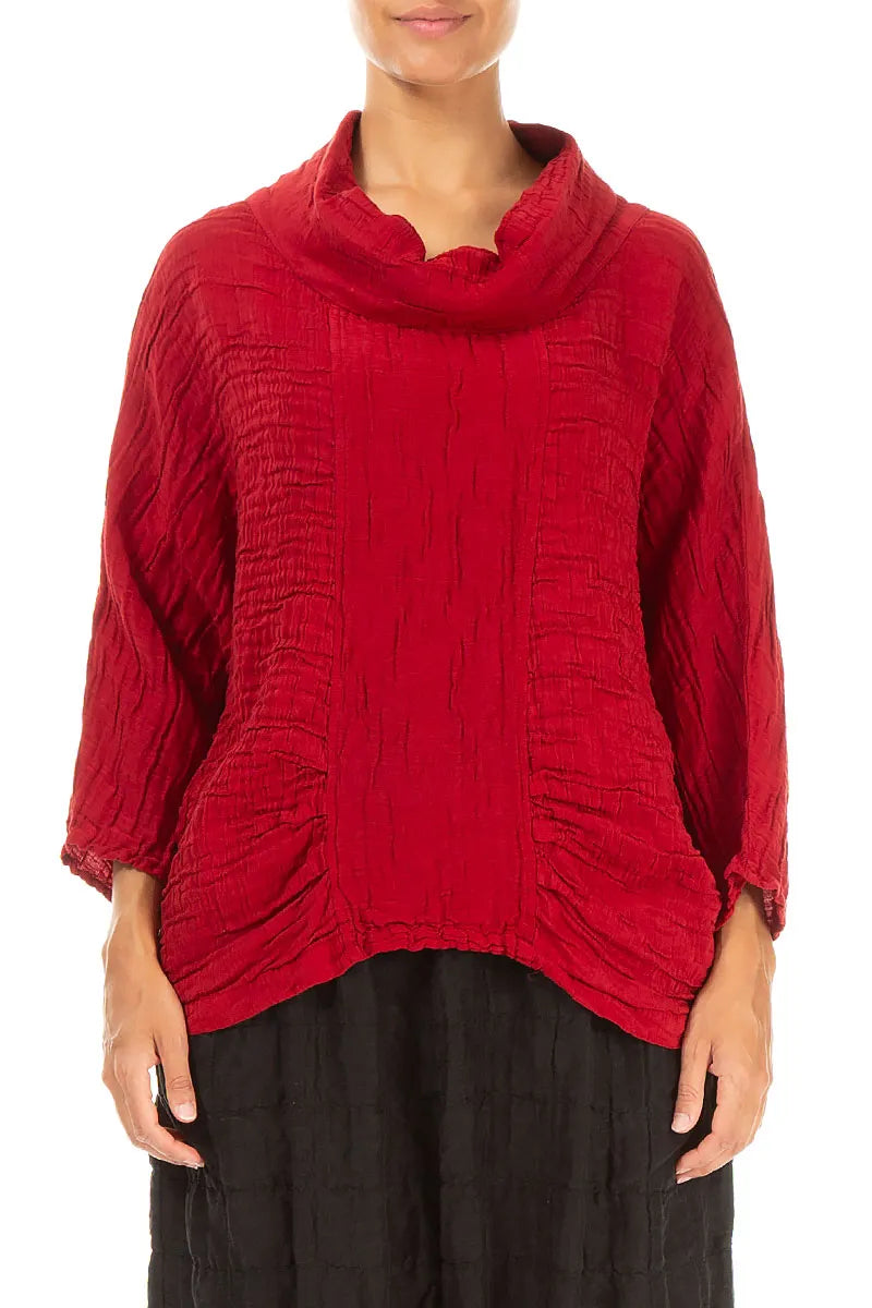 Cowl Neck Crinkled Cherry Red Silk Blouse 1