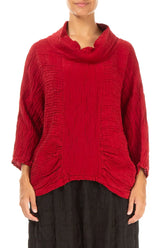 Cowl Neck Crinkled Cherry Red Silk Blouse 1