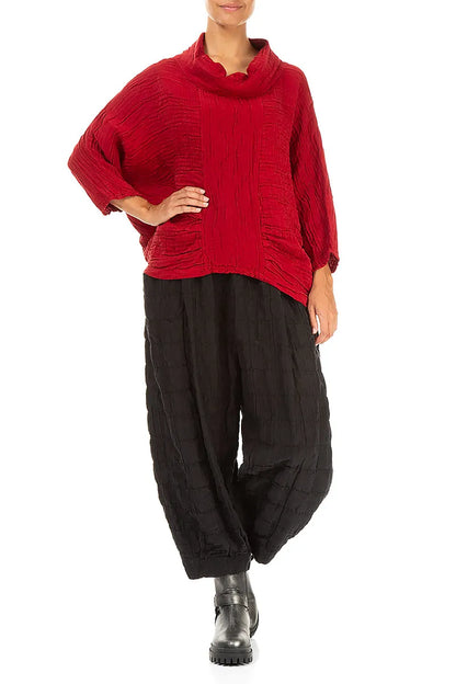 Cowl Neck Crinkled Cherry Red Silk Blouse 4