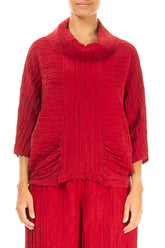 Cowl Neck Crinkled Cherry Red Silk Blouse 1