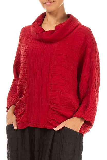 Cowl Neck Crinkled Cherry Red Silk Blouse 3