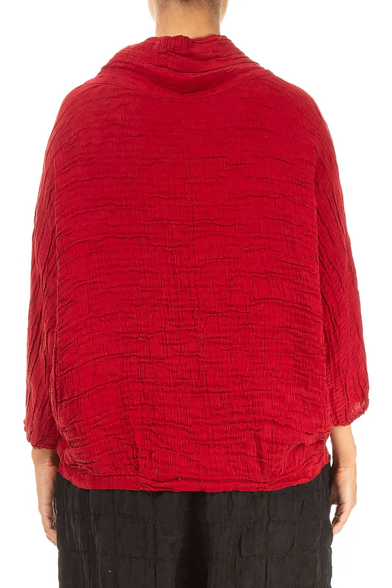 Cowl Neck Crinkled Cherry Red Silk Blouse 2