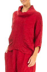 Cowl Neck Crinkled Cherry Red Silk Blouse 3