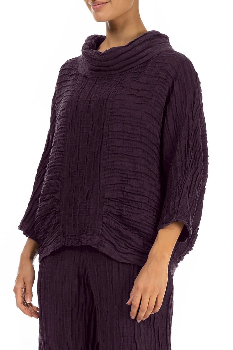 Cowl Neck Crinkled Deep Plum Silk Linen Blouse 4