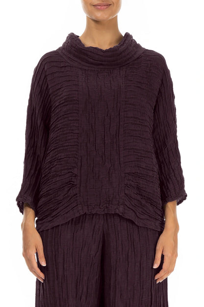 Cowl Neck Crinkled Deep Plum Silk Linen Blouse