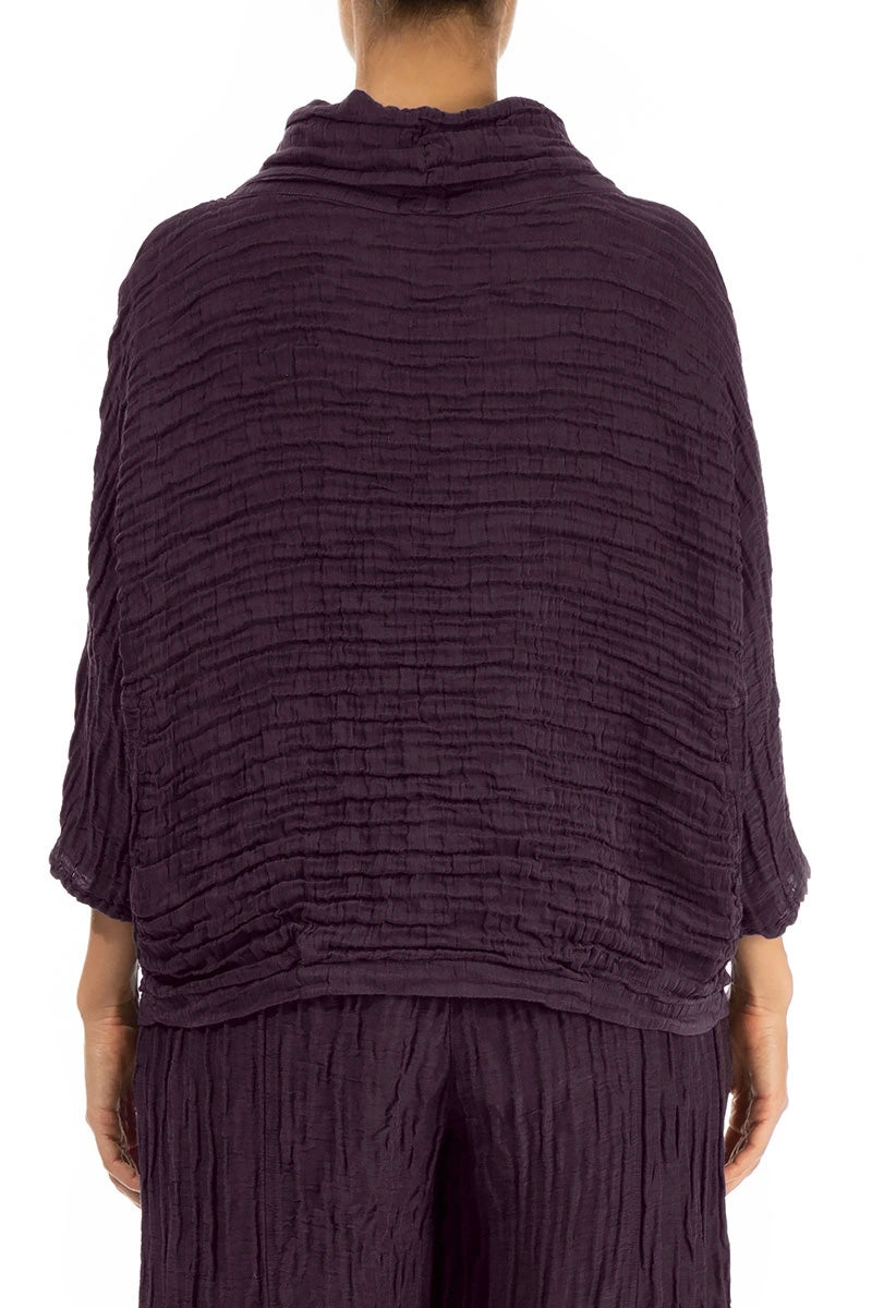 Cowl Neck Crinkled Deep Plum Silk Linen Blouse 3