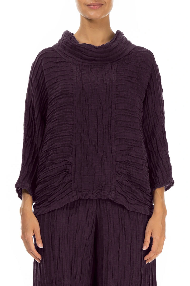 Cowl Neck Crinkled Deep Plum Silk Linen Blouse 2
