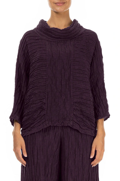 Cowl Neck Crinkled Deep Plum Silk Linen Blouse 2
