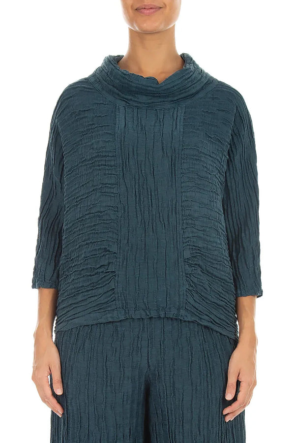Cowl Neck Crinkled Deep Turquoise Silk Linen Blouse