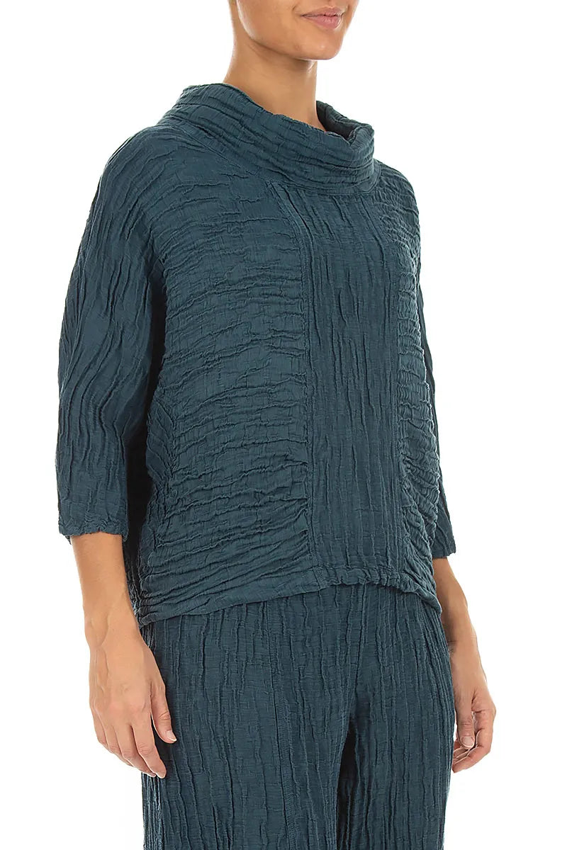 Cowl Neck Crinkled Deep Turquoise Silk Linen Blouse 3