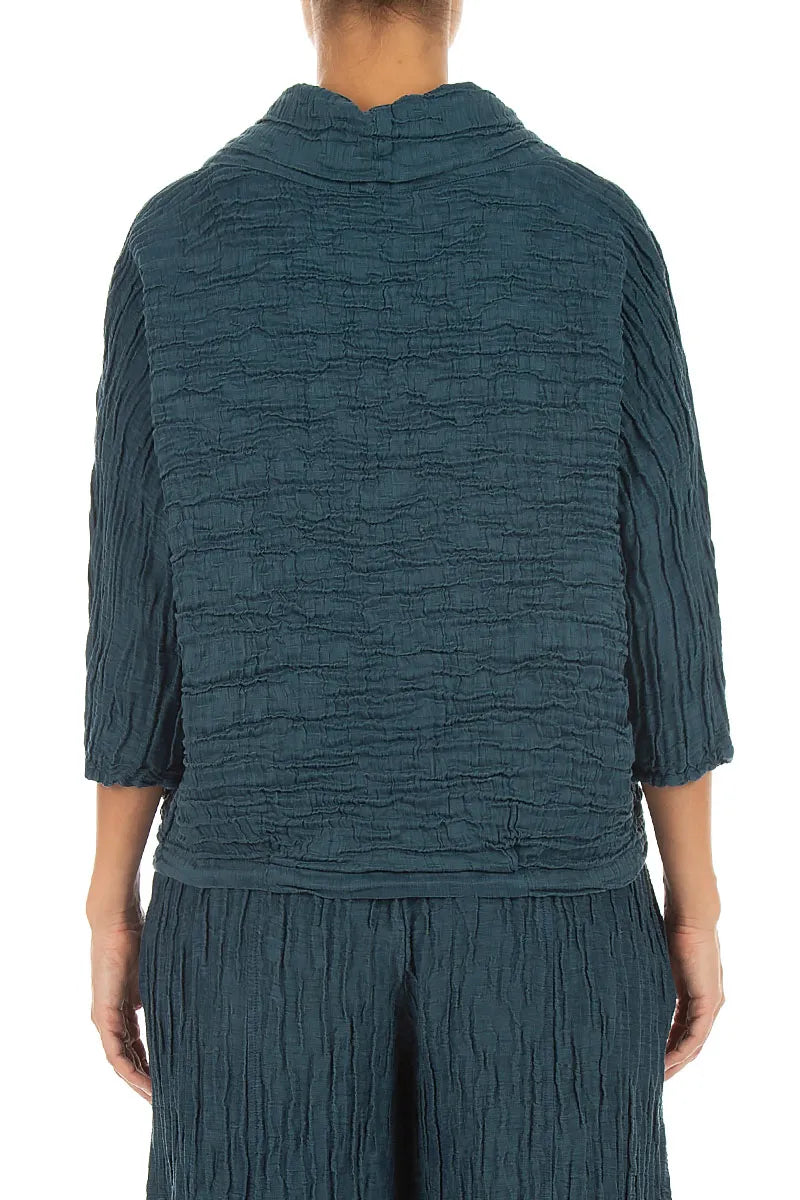 Cowl Neck Crinkled Deep Turquoise Silk Linen Blouse