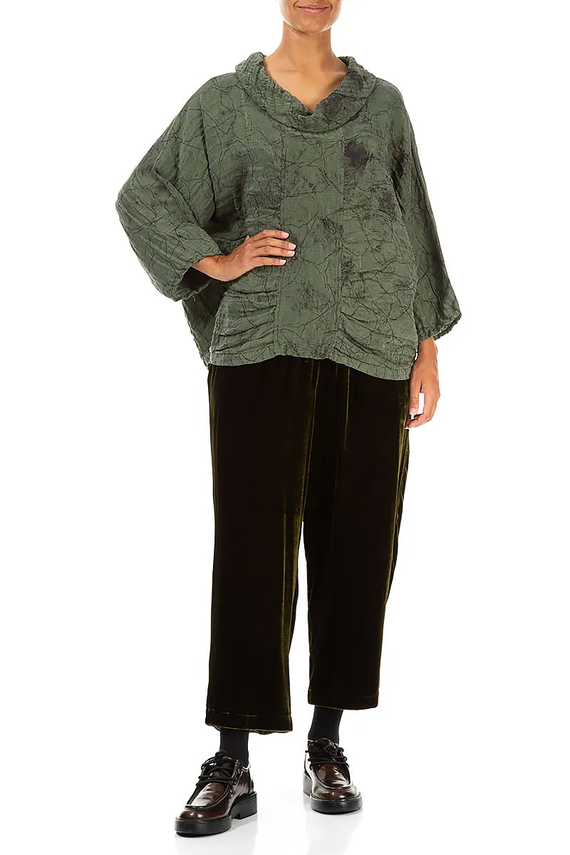 Bluse aus Seide mit Wasserfallausschnitt und Knittermuster in Waldnebel-Marmoroptik