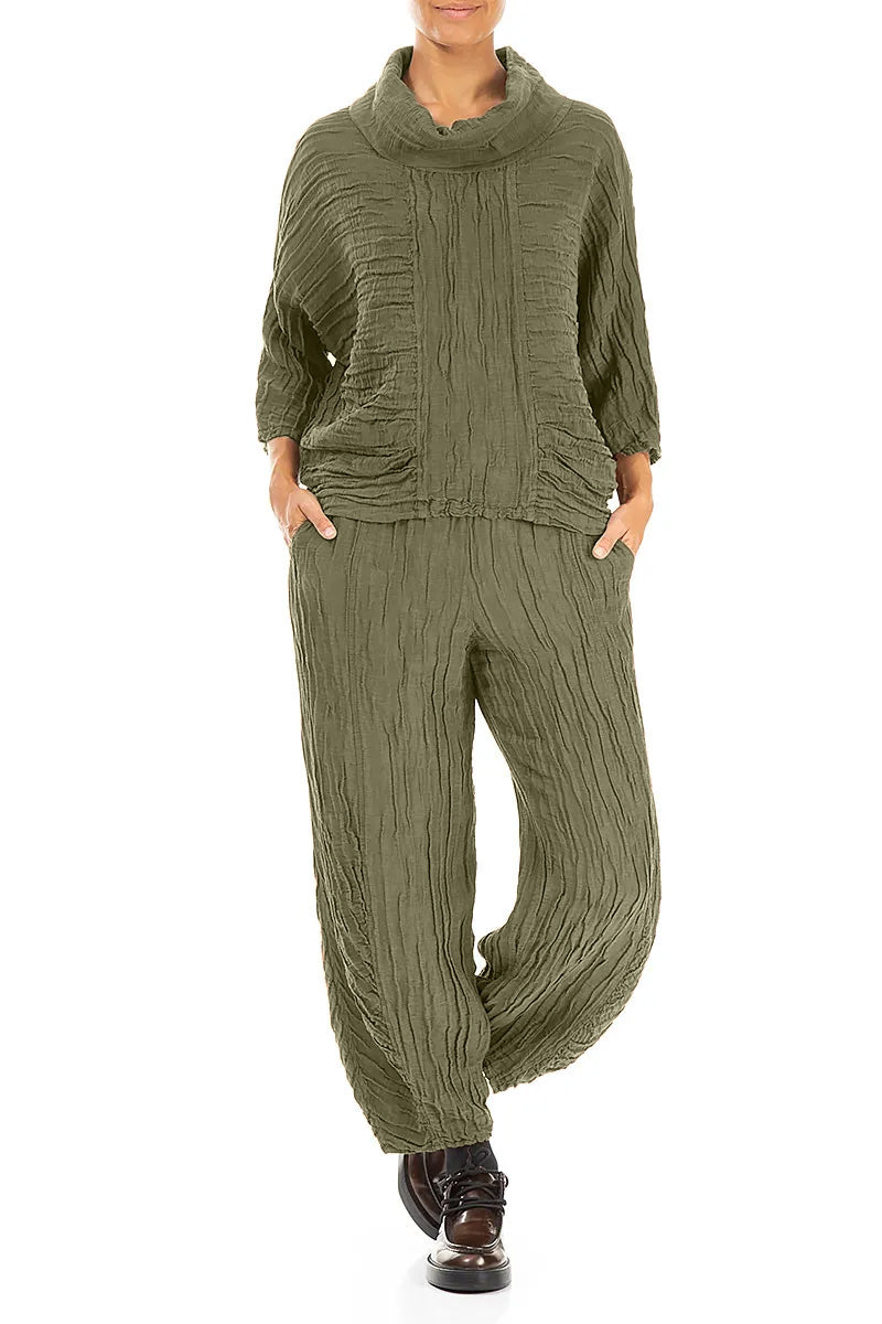 Cowl Neck Crinkled Forest Mist Silk Blouse