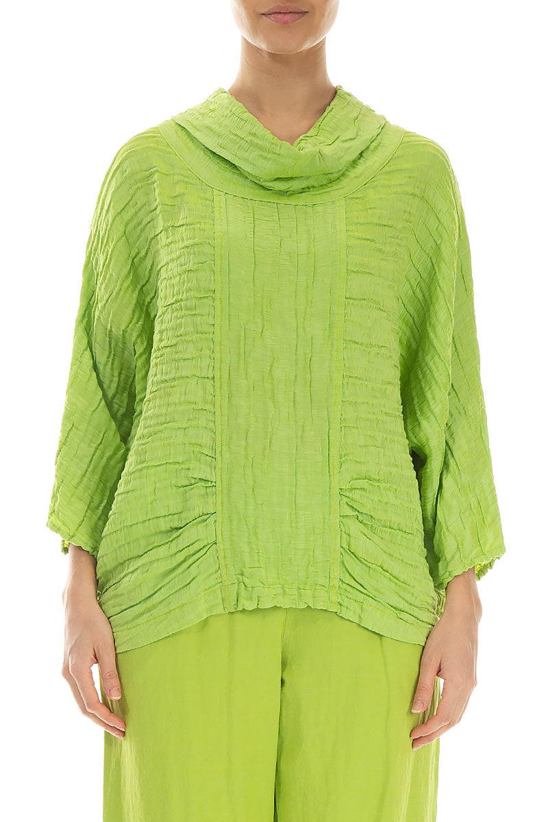 Cowl Neck Crinkled Lime Silk Blouse 1