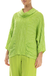 Cowl Neck Crinkled Lime Silk Blouse 3
