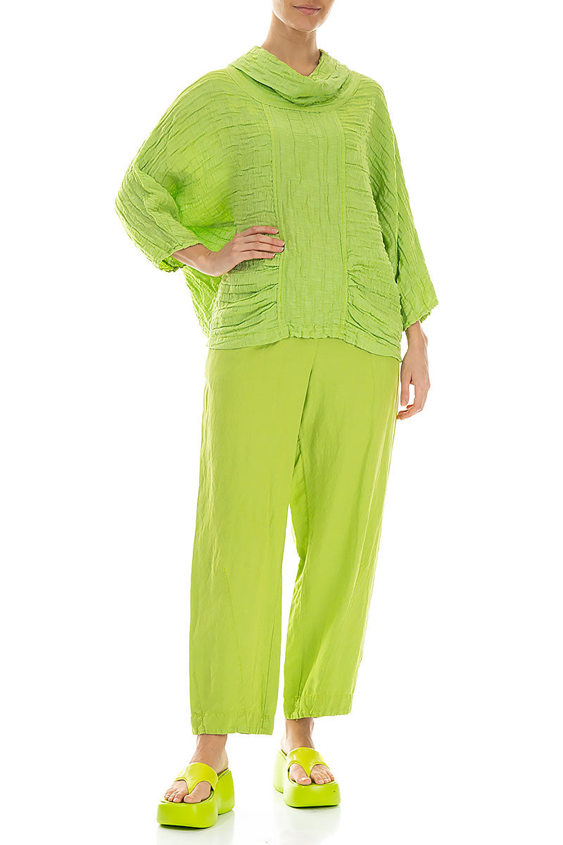 Cowl Neck Crinkled Lime Silk Blouse 4