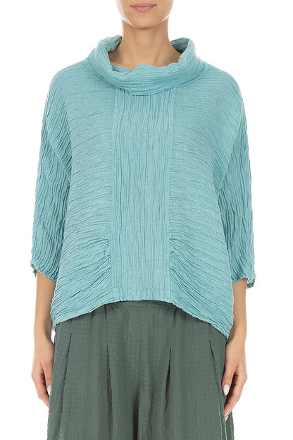 Cowl Neck Crinkled Mint Silk Blouse