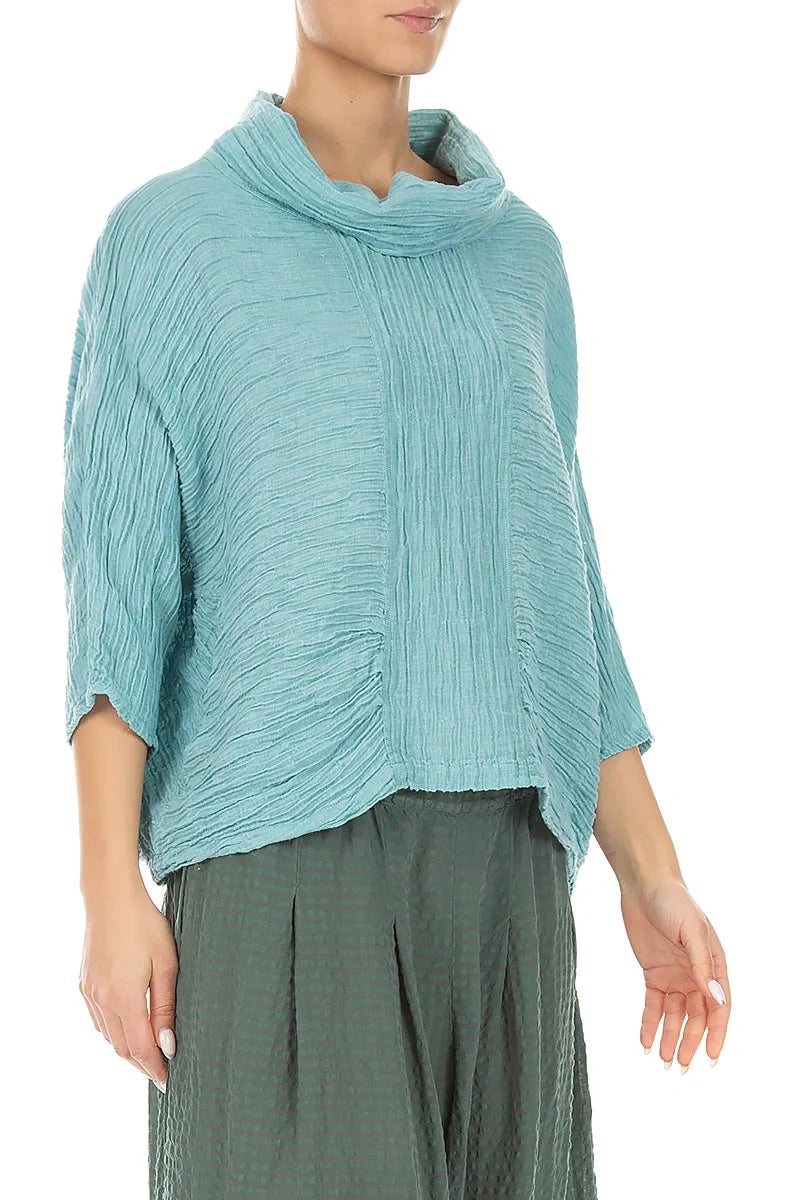 Cowl Neck Crinkled Mint Silk Blouse
