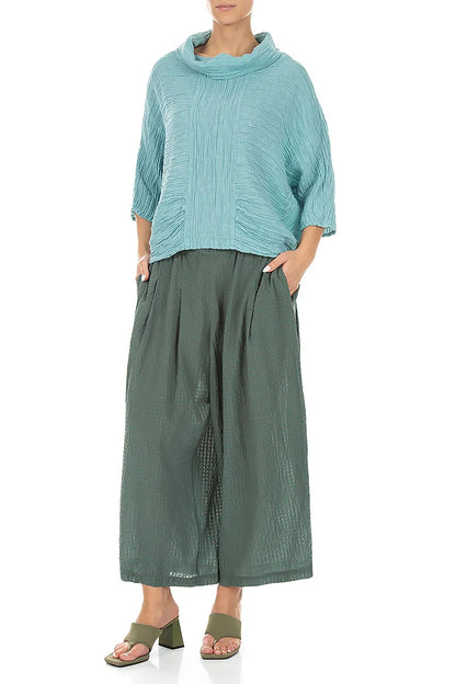 Cowl Neck Crinkled Mint Silk Blouse