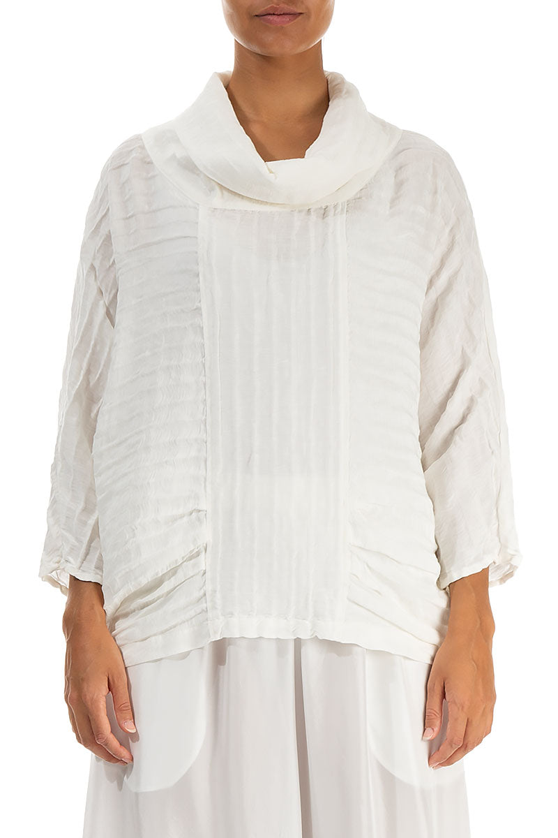 Cowl Neck Crinkled Off White Silk Linen Blouse 1