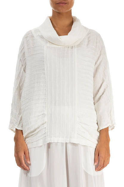 Cowl Neck Crinkled Off White Silk Linen Blouse 1