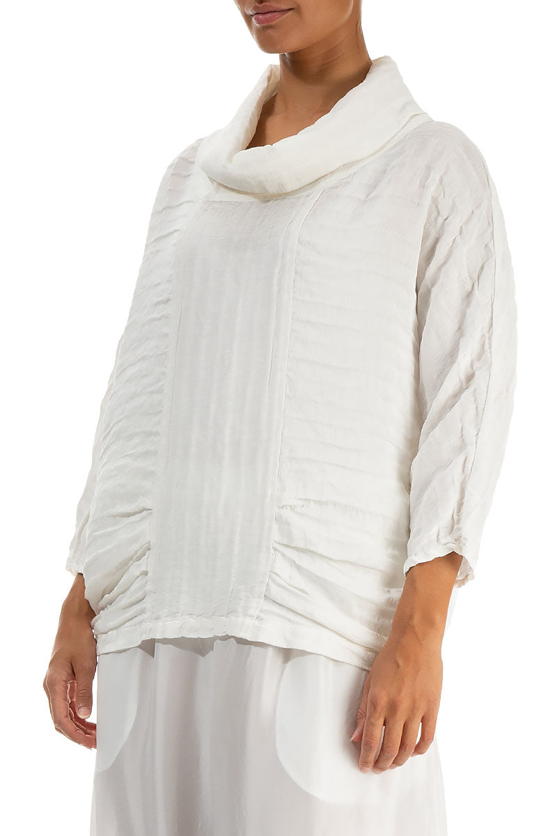 Cowl Neck Crinkled Off White Silk Linen Blouse 3