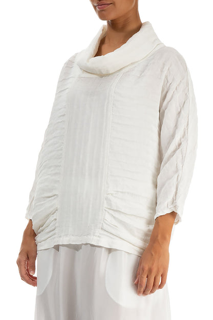 Cowl Neck Crinkled Off White Silk Linen Blouse 3