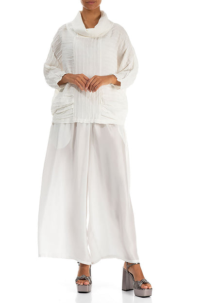 Cowl Neck Crinkled Off White Silk Linen Blouse 4