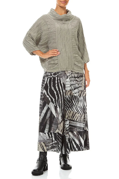Cowl Neck Crinkled Olive Grey Silk Linen Blouse 4