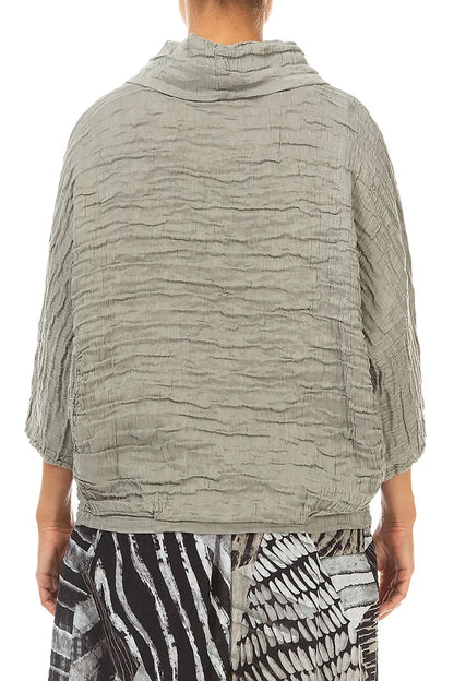 Cowl Neck Crinkled Olive Grey Silk Linen Blouse 2