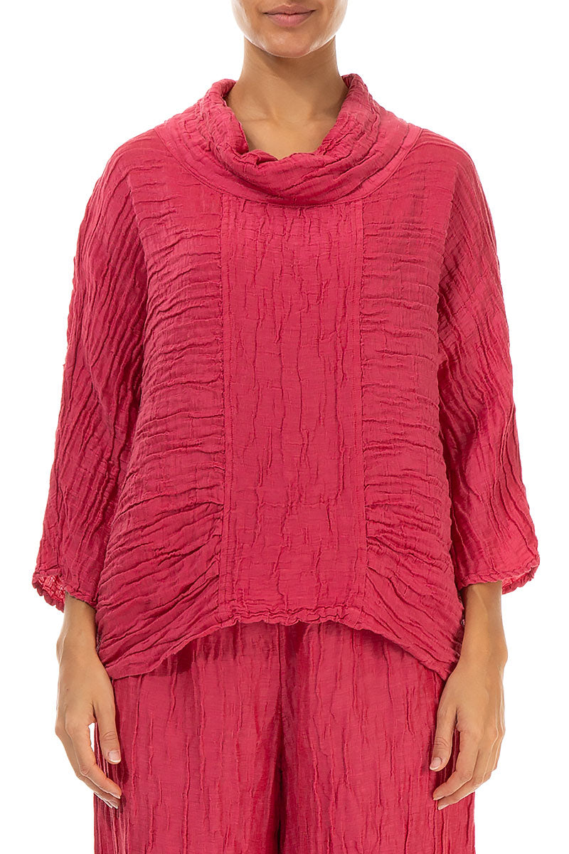Cowl Neck Crinkled Raspberry Silk Blouse 1