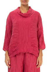 Cowl Neck Crinkled Raspberry Silk Blouse 1