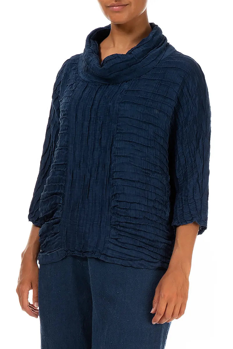 Cowl Neck Crinkled Royal Blue Silk Blouse 3