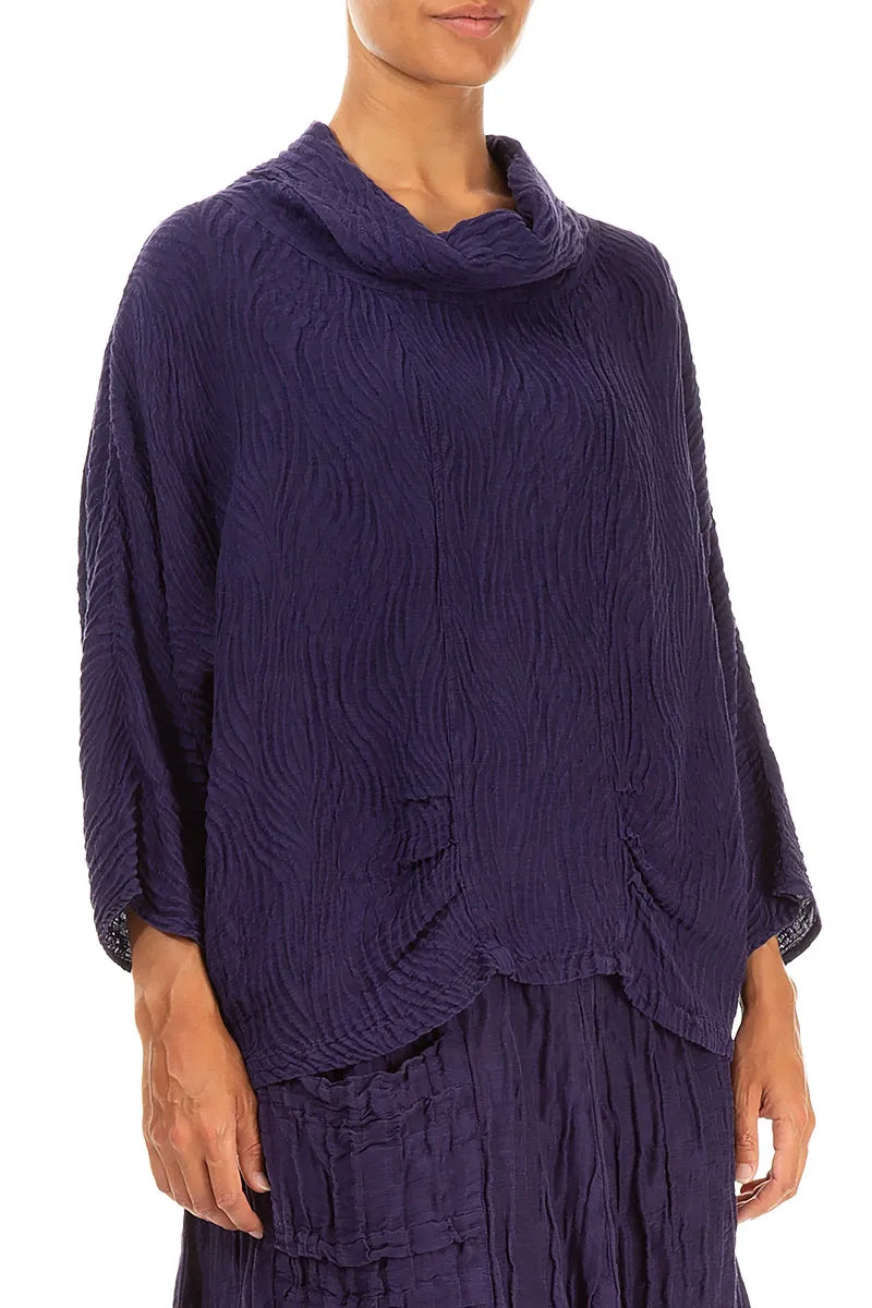 Cowl Neck Crinkled Royal Purple Waves Silk Linen Blouse 3