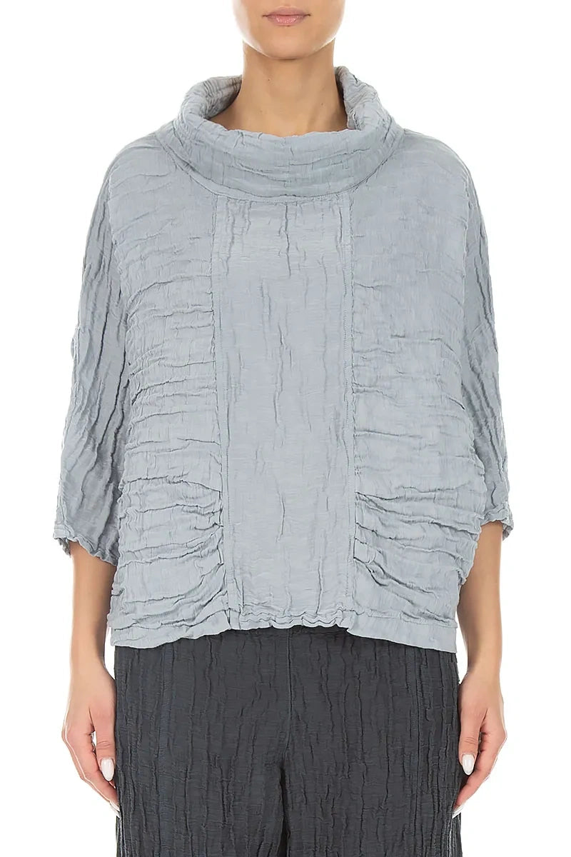 Cowl Neck Crinkled Silver Grey Silk Linen Blouse