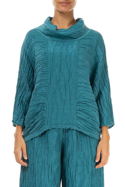 Cowl Neck Crinkled Turquoise Silk Blouse 1