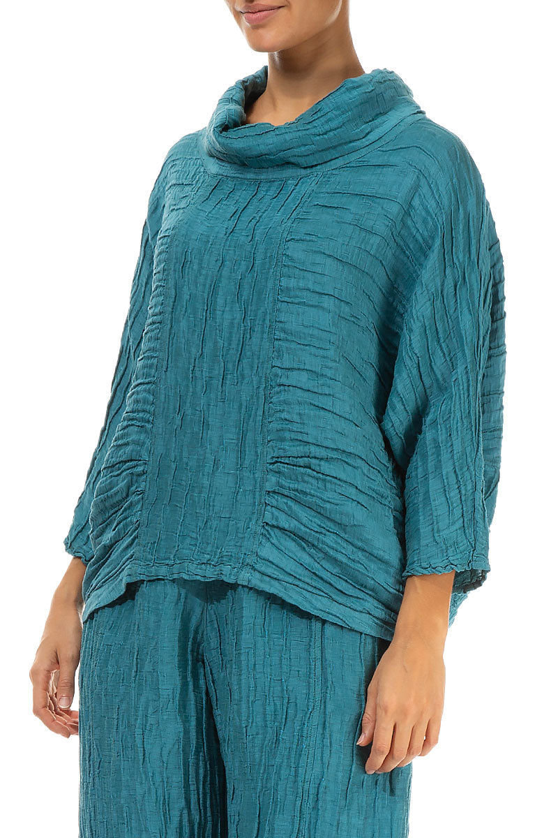 Cowl Neck Crinkled Turquoise Silk Blouse 3