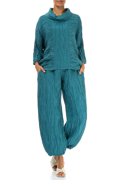 Cowl Neck Crinkled Turquoise Silk Blouse 4