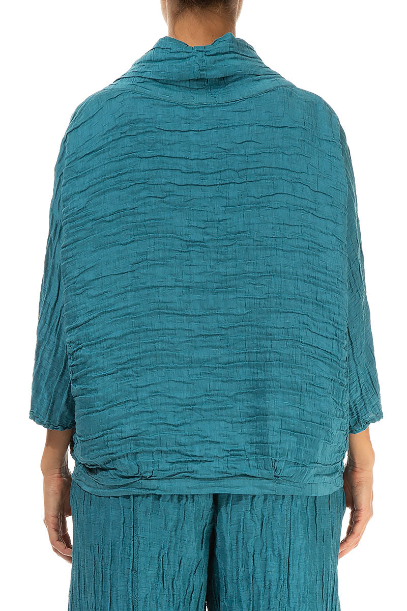 Cowl Neck Crinkled Turquoise Silk Blouse 2