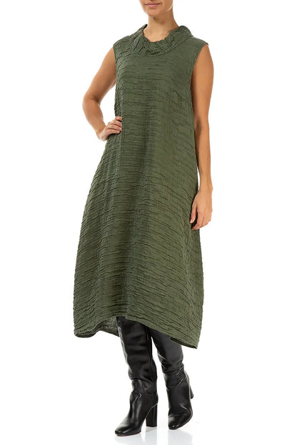 Cowl Neck Forest Mist Crinkled Silk Linen Dress 4
